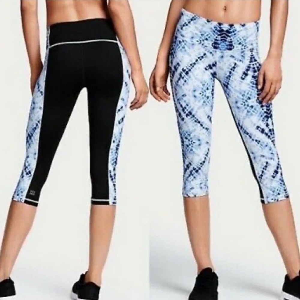 Victoria’s Secret VSX Sport Knockout Black w/ Blue Tie Dye Capri Leggings Medium